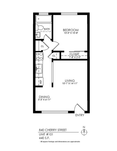 Floor plan for 1 bed, 1 bath, 440 sqft